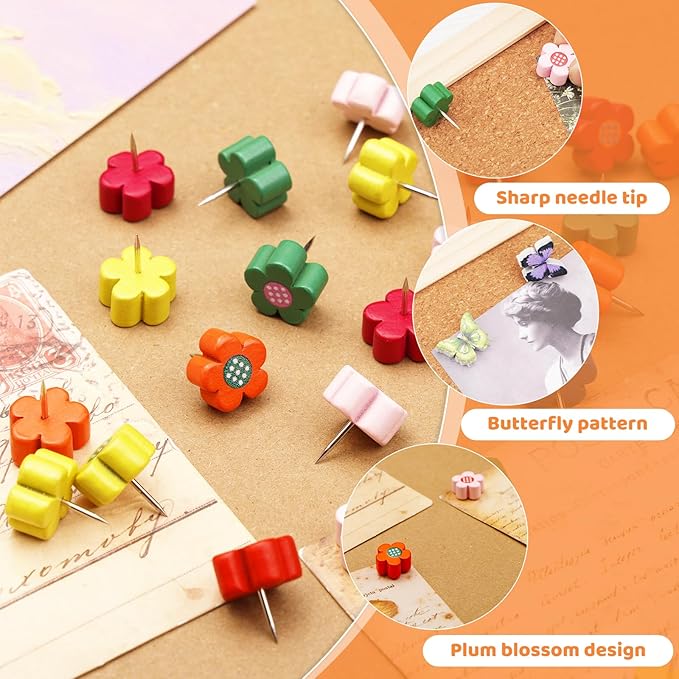 80 Pcs Push Pins for Cork Board, Decorative Thumb Tacks Wooden Push Pins Head - Image 4