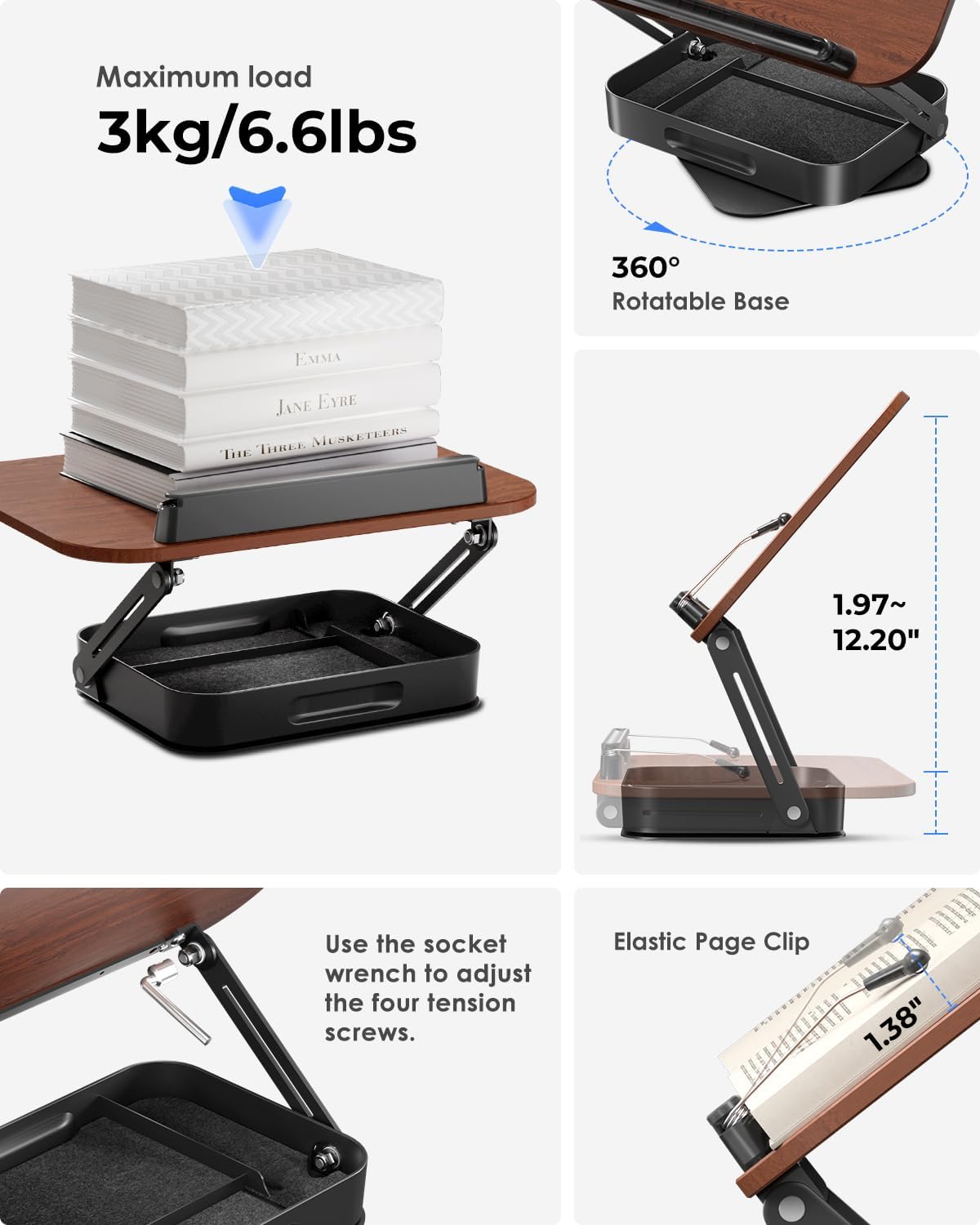 Viozon 360° Rotating Ergonomic Book Stand for Reading - Adjustable Wood Book ...