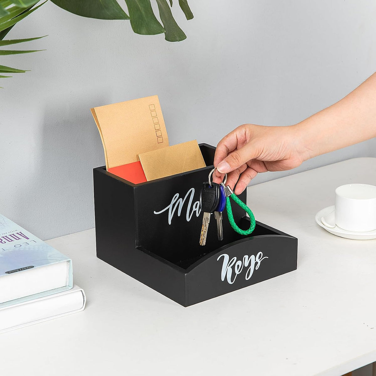 Rustic Black Torched Wooden Key Mail Organizer Word Front Label Table Top Org...