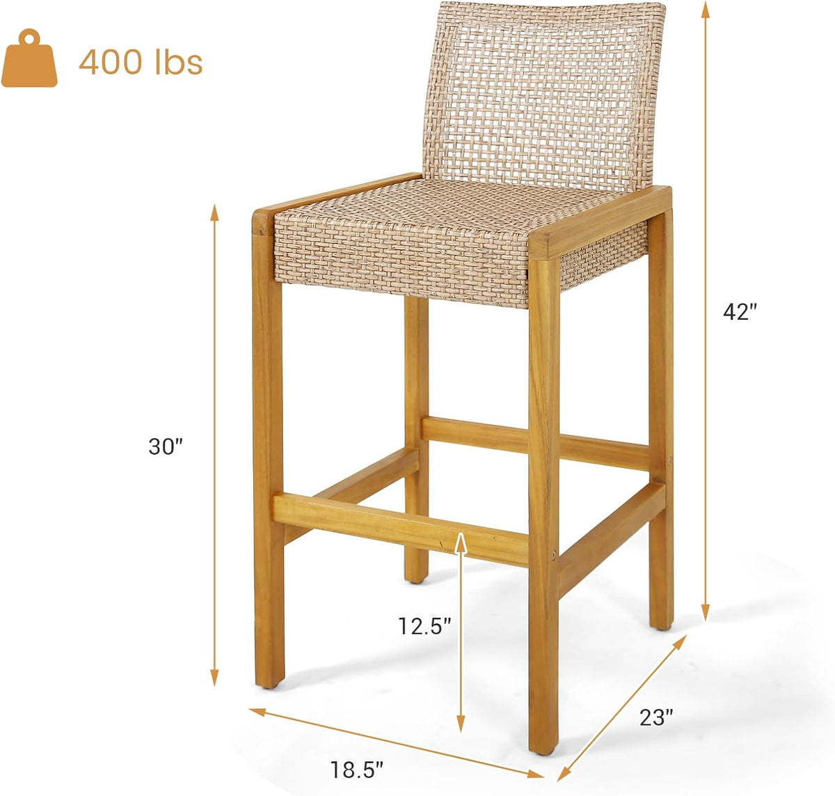 HAPPYGRILL Wicker Bar Stools Set of 2, Patio Chairs with Solid Wood Frame, Er...