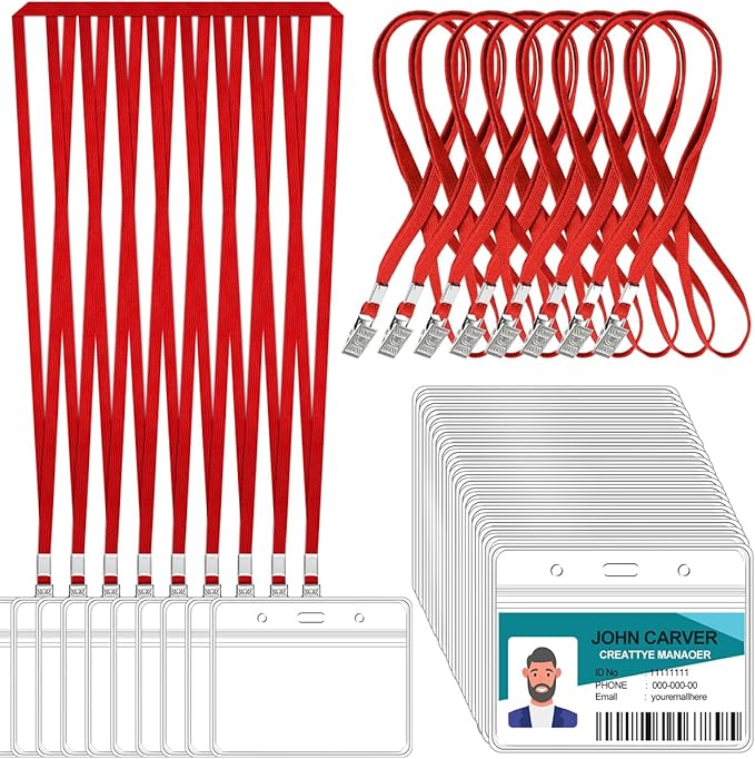 100 Pcs Clear Horizontal Badge Id Card and 100 Pcs Lanyard, Reusable Lanyards by Orcielo