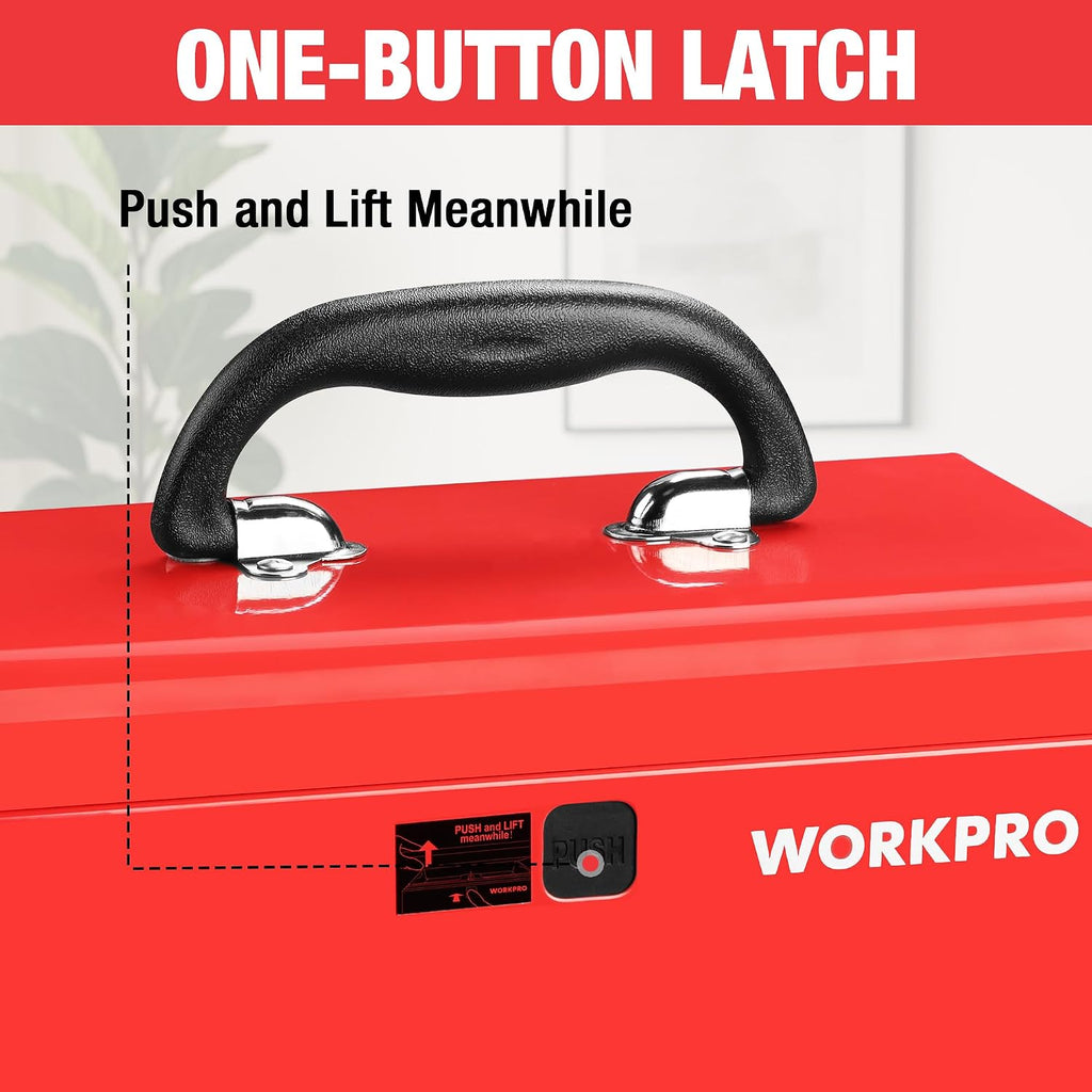 workpro 10.8" mini metal tool box with removable, close-up detail
