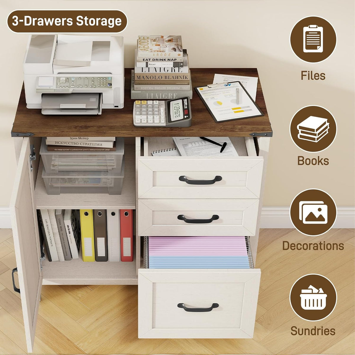 3 Drawers Farmhouse File Cabinet with Door for Home Office, Rustic White | Halitaa Lateral Filing Cabinet for Letter/A4 Size Hanging Files, Large Wood File Storage Cabinet Printer Stand