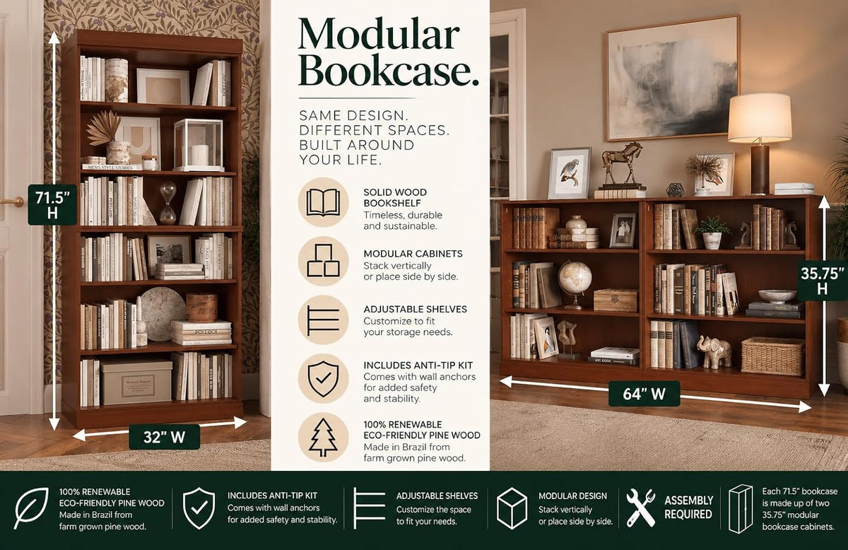 Palace Imports Solid Wood Bookcase – Stackable Modular 6-Tier Bookshelf - 71....