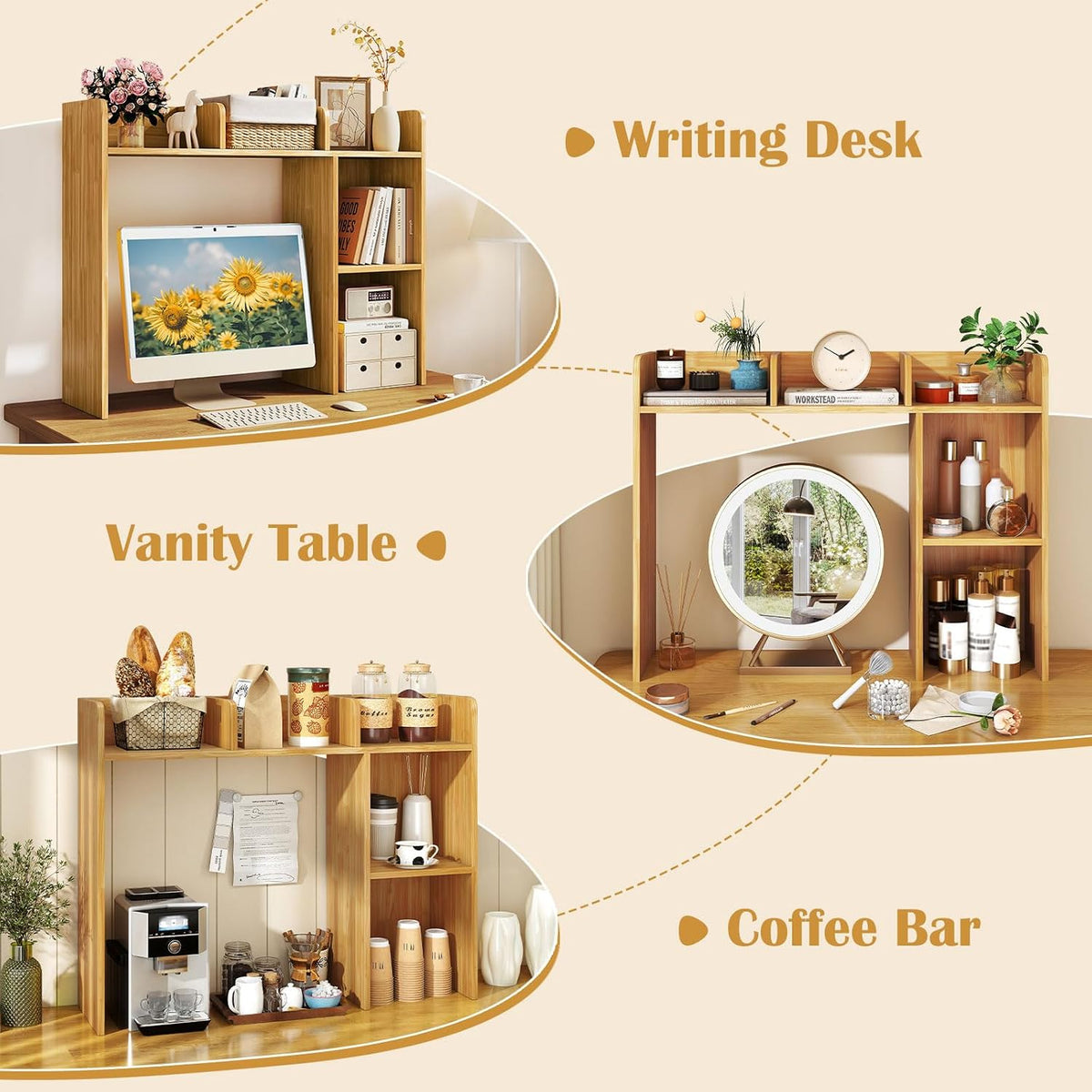 Desktop Bookshelf, 3-Tier Wood Countertop Bookcase with 5 Shelves, Desk Hutch...