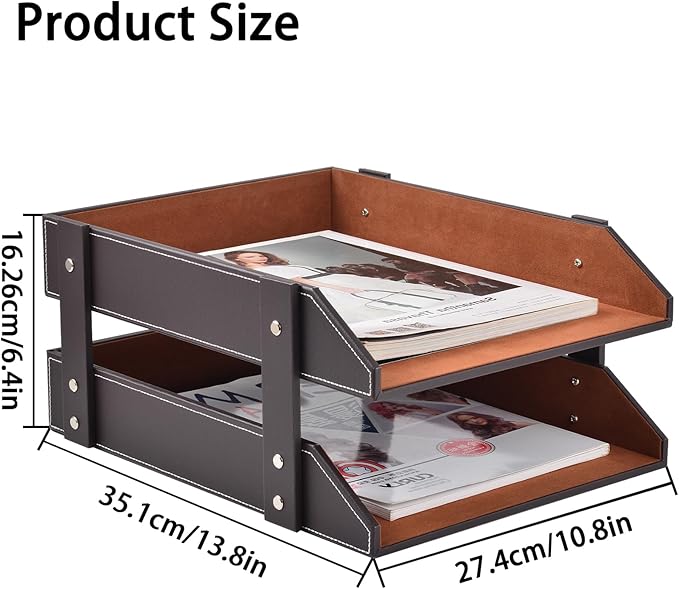 XNONE Leather Desk Organizer, 2-Tier Stackable Letter Tray Holder, Office - Image 2