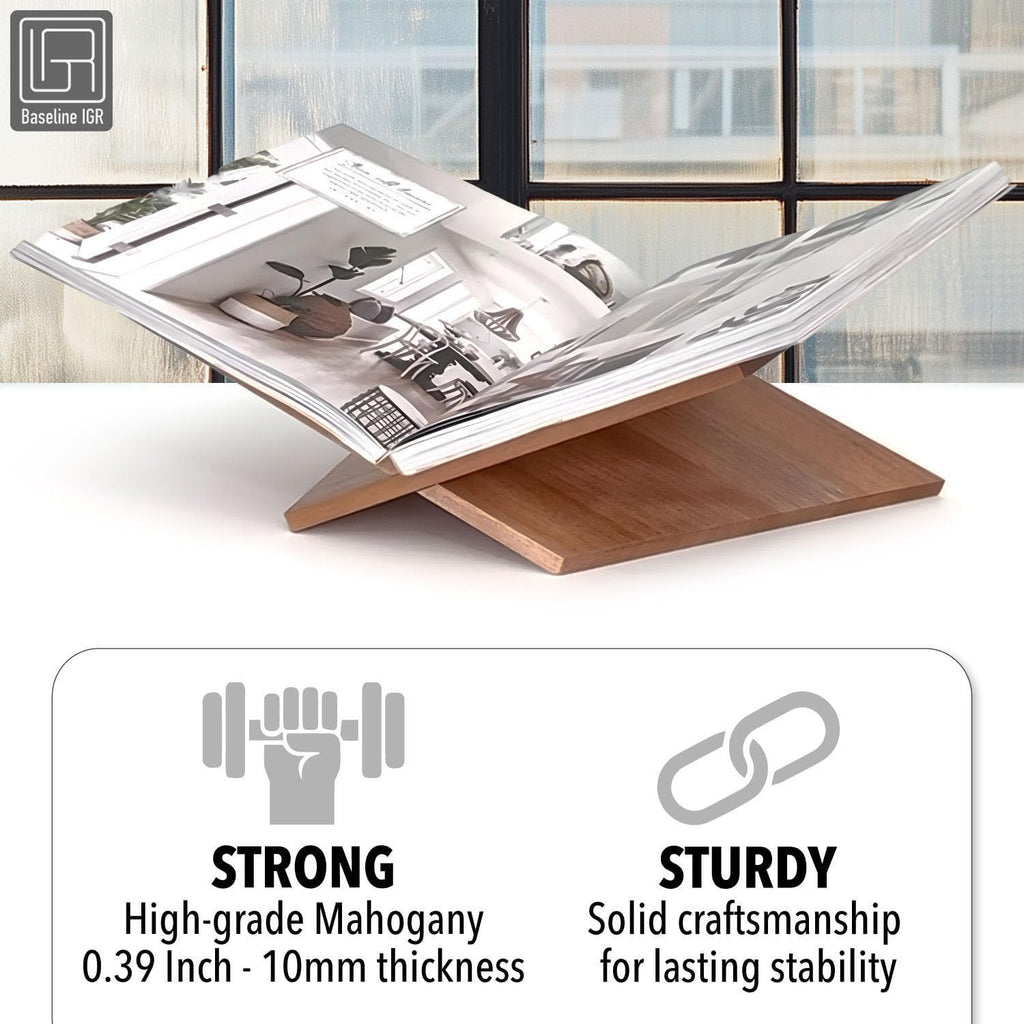 Large Wood Book Stand, 12.5" x 9.5" x 5.5”, Angled Natural Mahogany Wooden Book Holder, Open Bookstand for Display and Reading, Cookbooks, Art Books, Bibles, Magazines - Home and Office