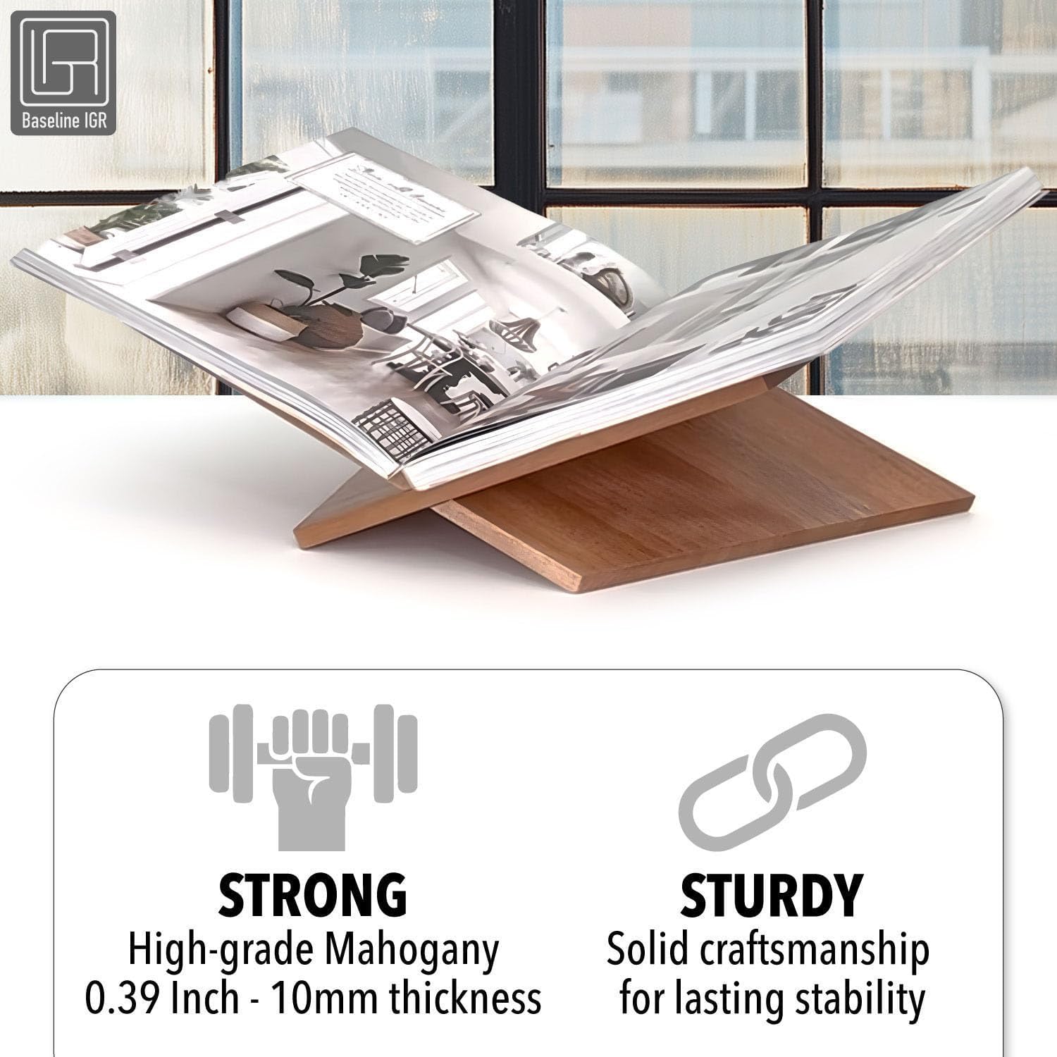 Large Wood Book Stand, 12.5" x 9.5" x 5.5”, Angled Natural Mahogany Wooden Book Holder, Open Bookstand for Display and Reading, Cookbooks, Art Books, Bibles, Magazines - Home and Office