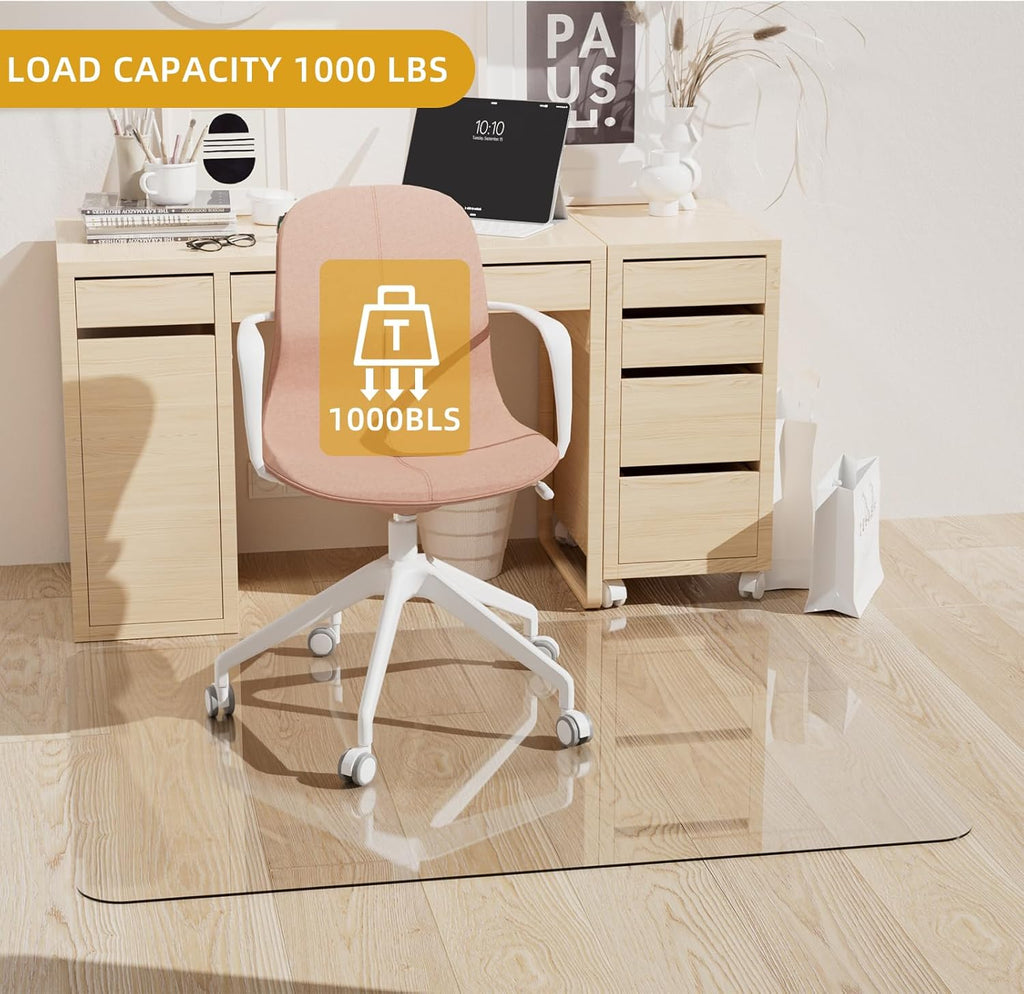 Tempered Glass Chair Mat 48" x 32",1/5" Thick for Office Desk,Rolling Chair Mat for Carpet, Odorless, Easy to Clean with 4 Non-Slip Pads for Carpet & Hardwood Floors