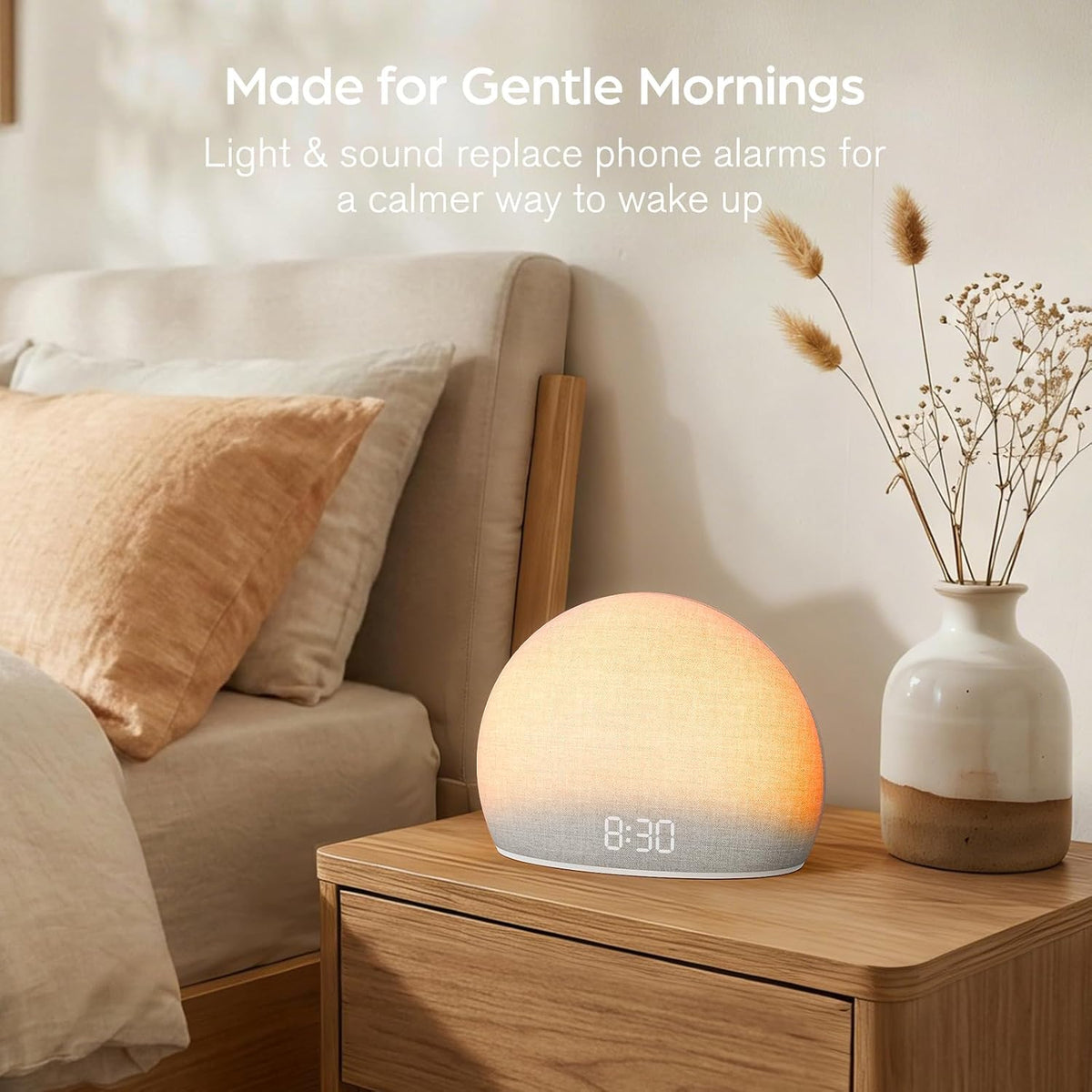 housbay sunrise alarm clock with white noise sound shown in use