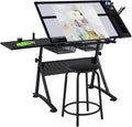 Yaheetech Drawing Table, Art Craft Desk with Adjustable Tabletop, Painters/Artist Work Station, Study Table with Stool, Tempered Glass Top