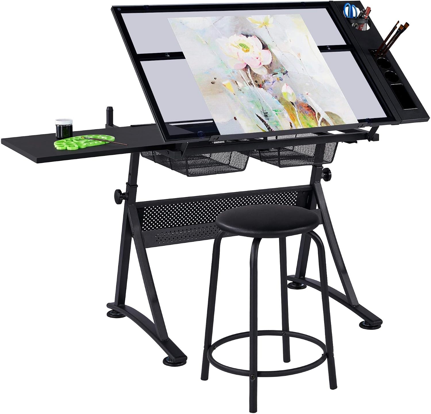 Yaheetech Drawing Table, Art Craft Desk with Adjustable Tabletop, Painters/Artist Work Station, Study Table with Stool, Tempered Glass Top