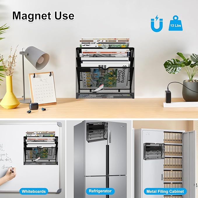 KZWKRG 4 Tier Magnetic File Holder, Large Capacity Mesh Hanging Wall Organizer - Image 6