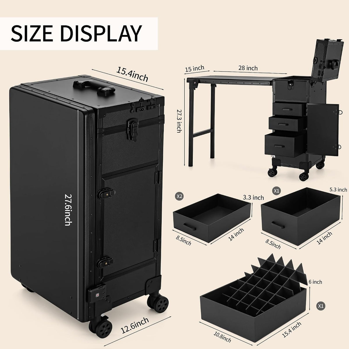 Portable Manicure Table 3 Drawers, Rolling Lockable Makeup Train Case with Bl...