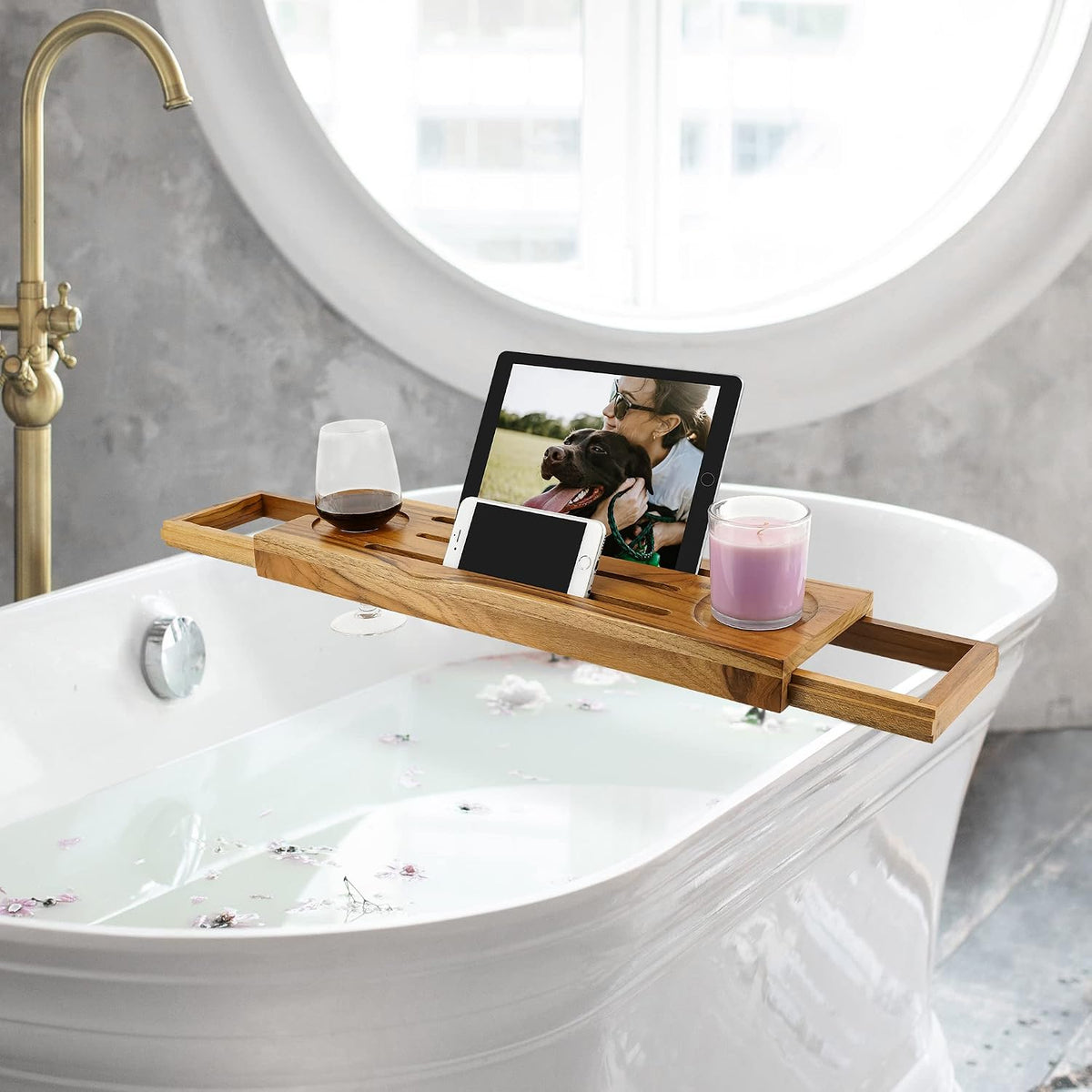 EcoFives Teak Bathtub Tray Caddy - Expandable Bath Tray - Adjustable Organize...