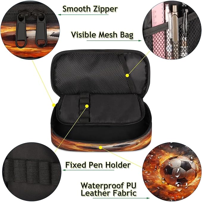 Pardick Football Fire Pencil Case，Big Capacity Pencil Pouch Coin Pouch - Image 5