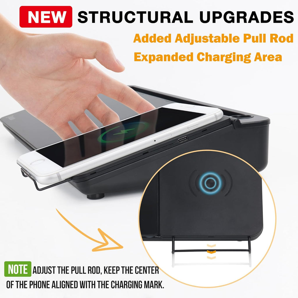 selead desktop glass whiteboard with wireless charger and shown in use