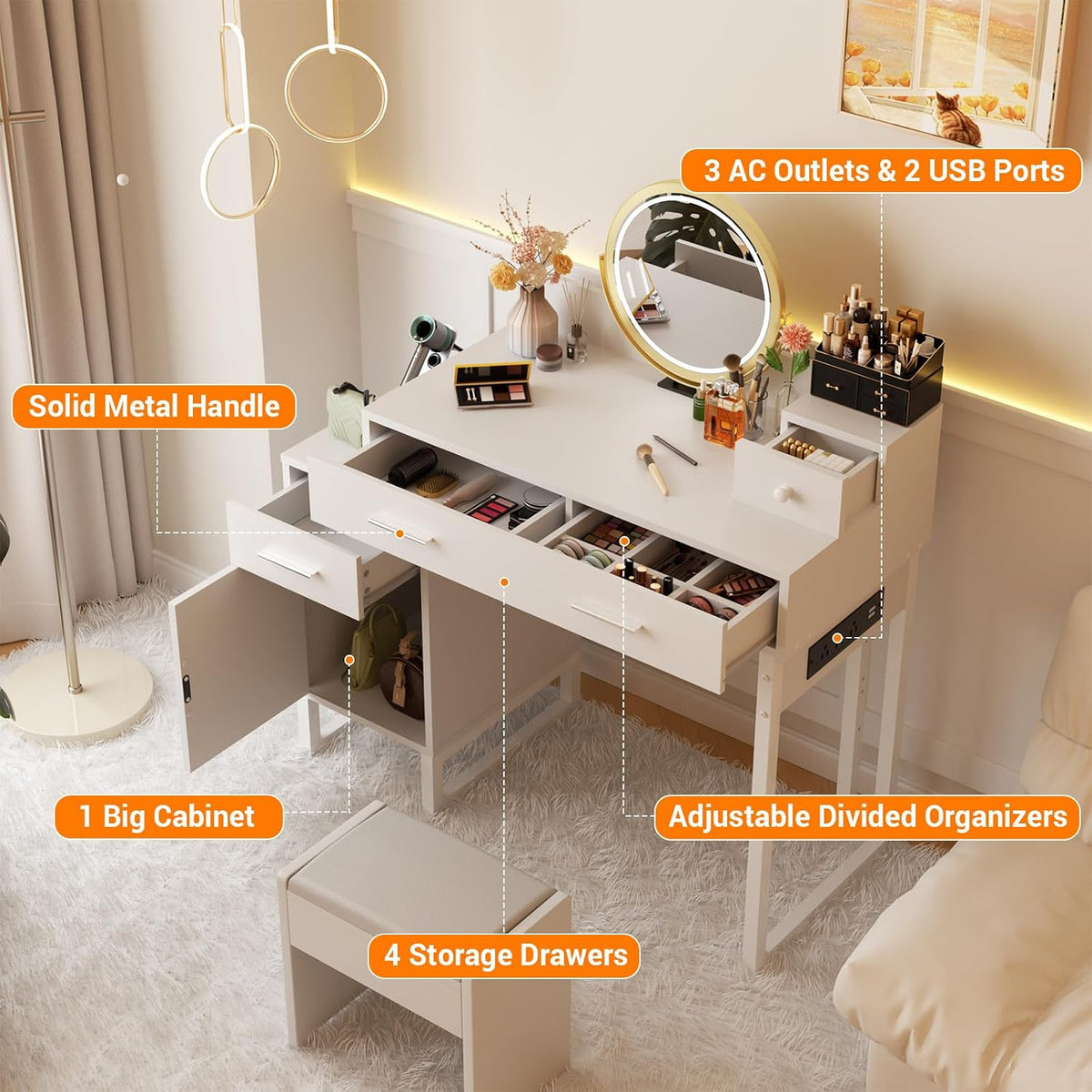 Vanity Desk with 4 Storage Drawers - Modern Makeup Vanity Table with Charging...