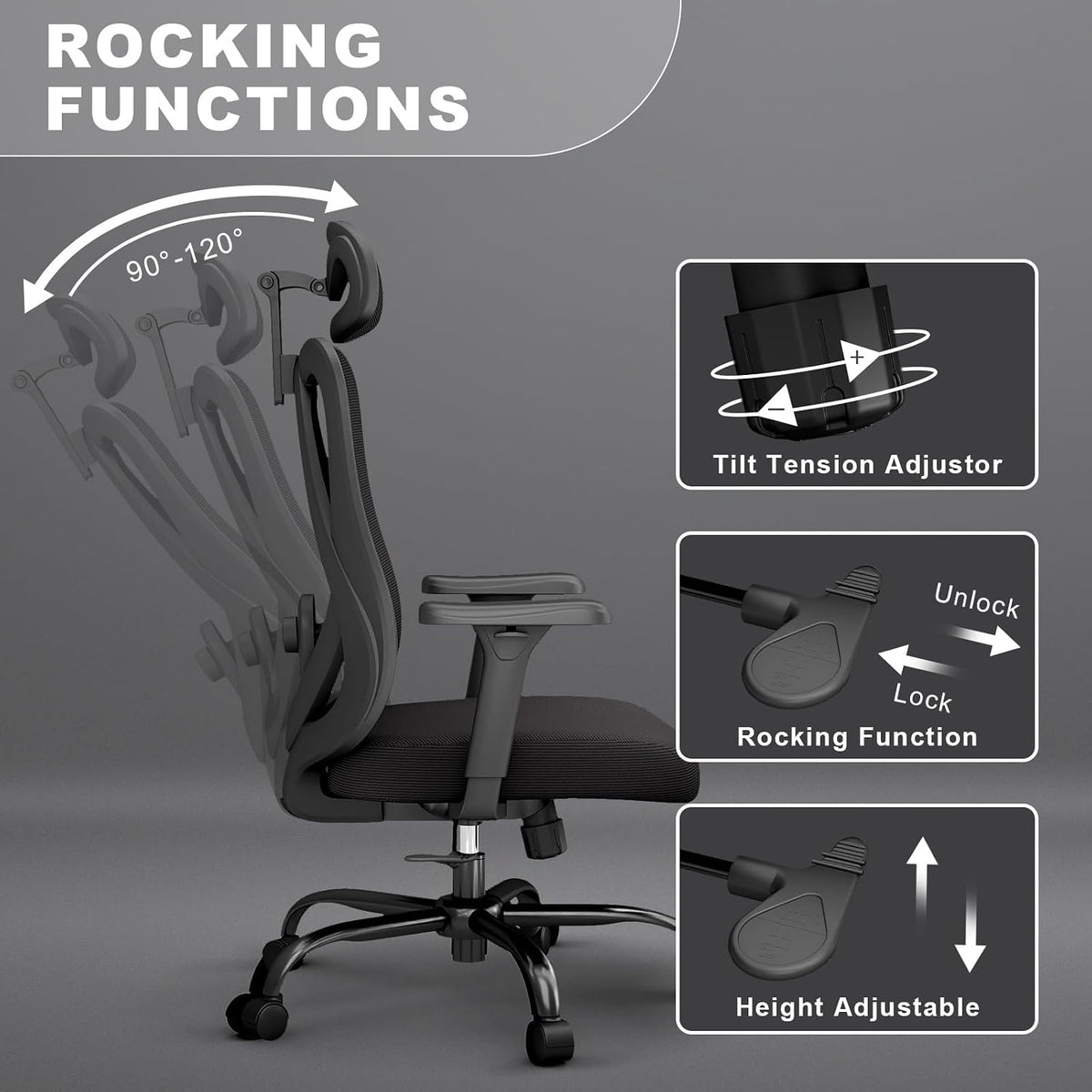 mesh office chair with headrest, lumbar support, 3d on a desk or shelf