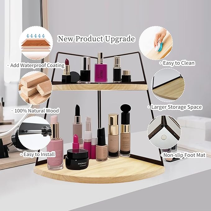 2 Tier Bathroom Counter Organizer, Standing Rack Cosmetic Holder, Wood Bathroom - Image 4