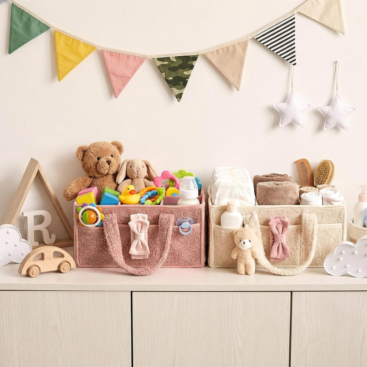 Shinylin 2 Pack Plush Diaper Caddy Organizer, Powder Pink and Ivory