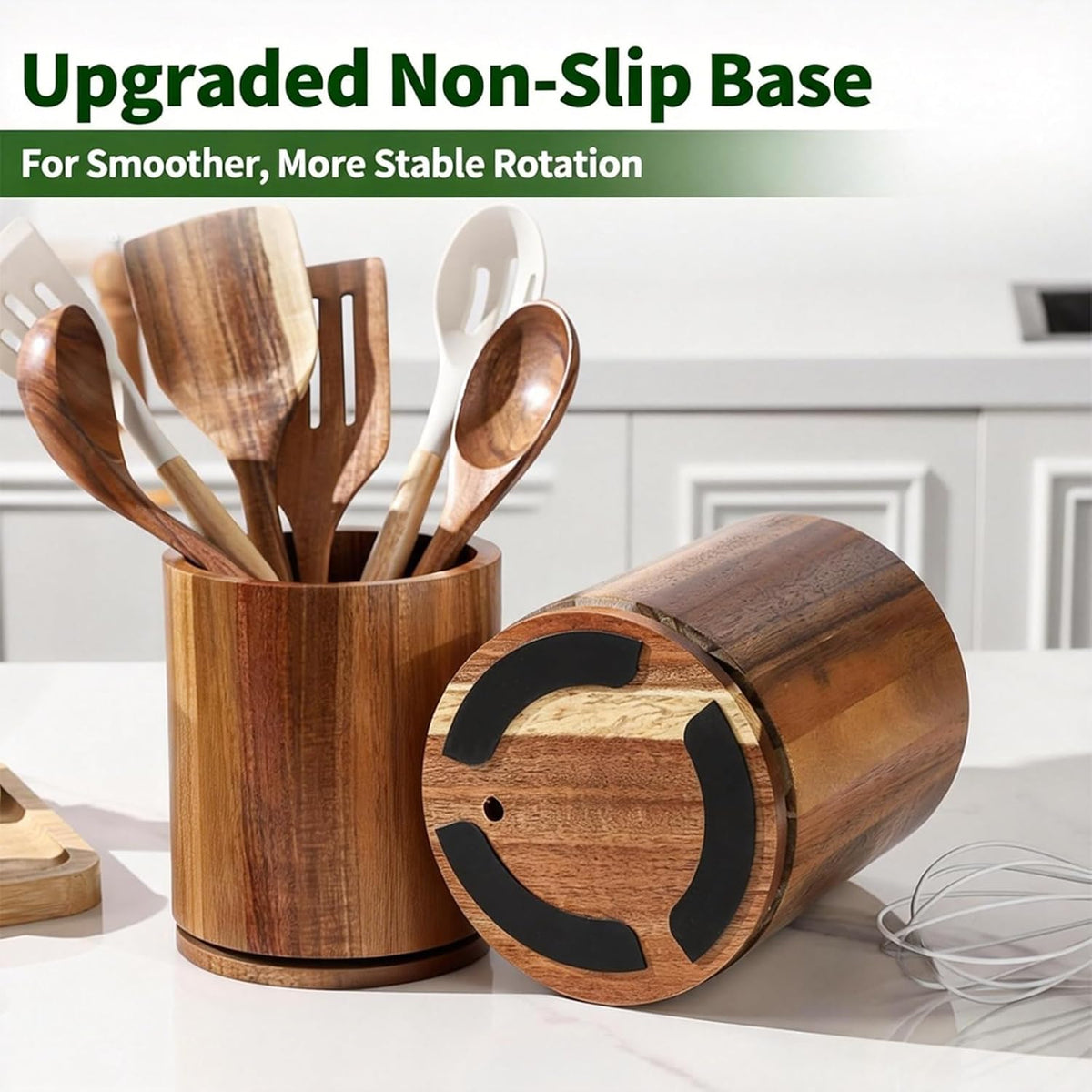 Walnut Utensil Holder, 360° Rotating 7.3 in Kitchen Organizer