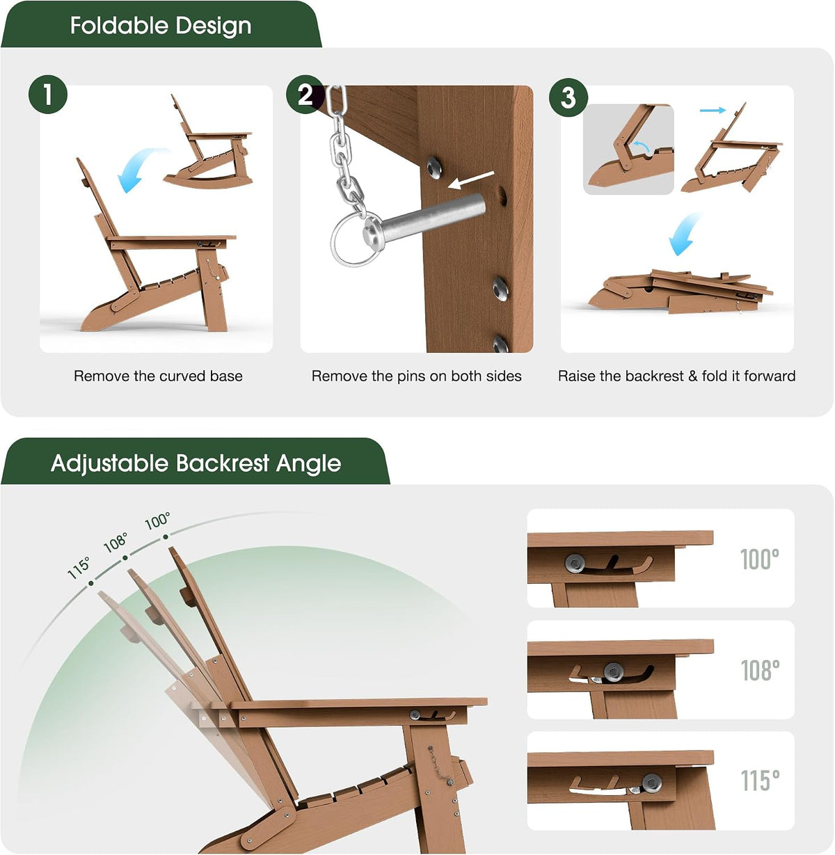 4-in-1 Rocking Adirondack Chair with Footrest, HDPE, Teak