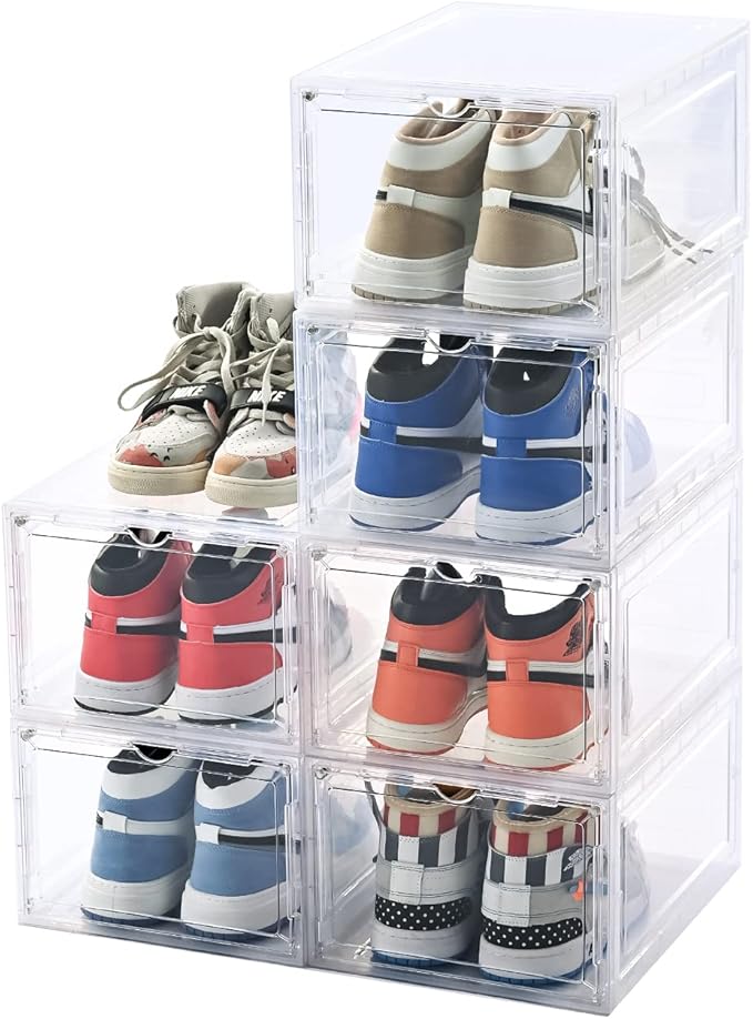KEFA XL Shoe Storage Box, 6 PACK Shoe Boxes Clear Plastc Stackable Organizer by KEFASTORAGEBOX