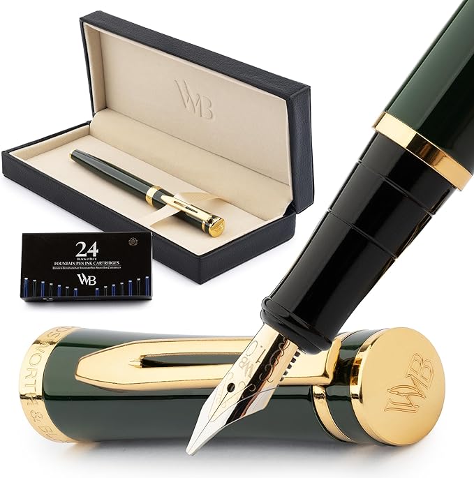 Wordsworth & Black Fountain Pen Set, 18K Gilded Broad Nib, Includes 24 Pack Ink by WordsworthBlack