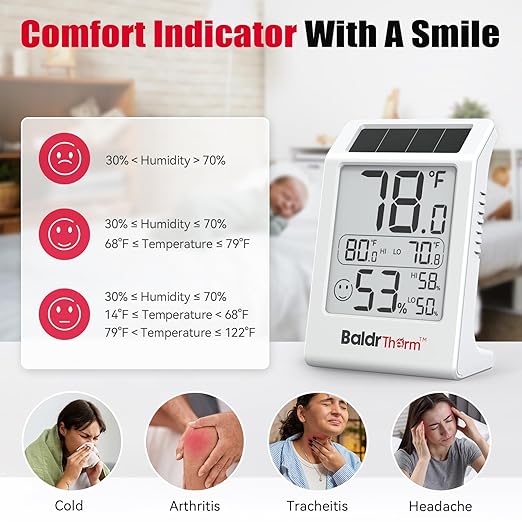 BaldrTherm Room Thermometer Indoor Humidity Meter, Solar-Powered 3.2'' Digital - Image 6