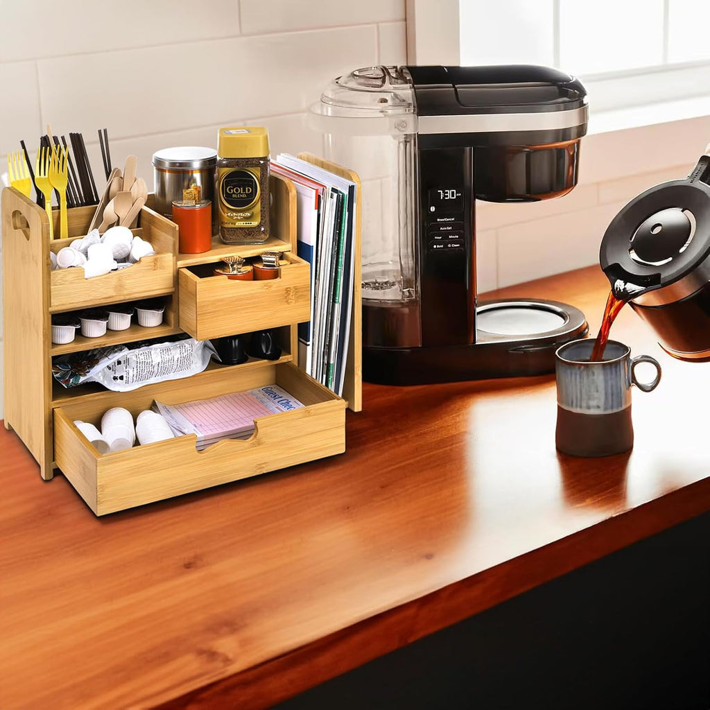 zoofox bamboo desk organizer with adjustable file holder on a desk or shelf