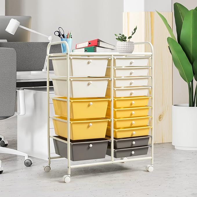 COSTWAY 15 Drawer Rolling Storage Cart, Utility Tools Paper Organizer on Wheels - Image 8