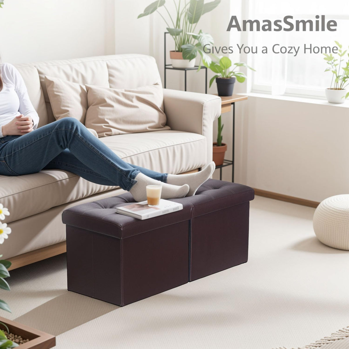 AmasSmile Footrest Ottoman Storage Bench,34" Leather Folding Chest,Brown