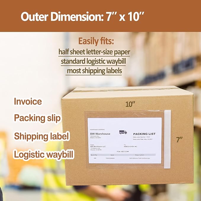 BEUYI 2.5 Mil Premium 7"x10" Clear Adhesive Shipping Label Pouches, Packing - Image 2