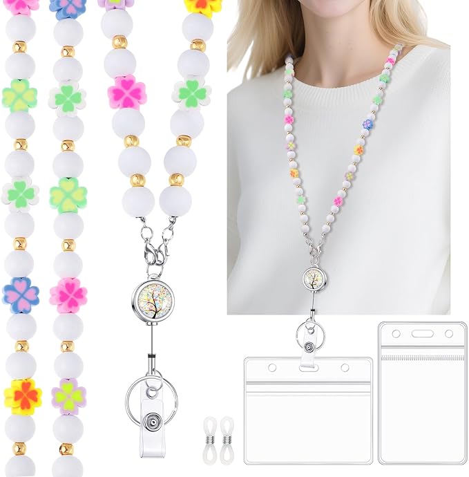 Teacher Lanyard with ID Holder Cute Flower Wooden Beaded Lanyards by BESARME