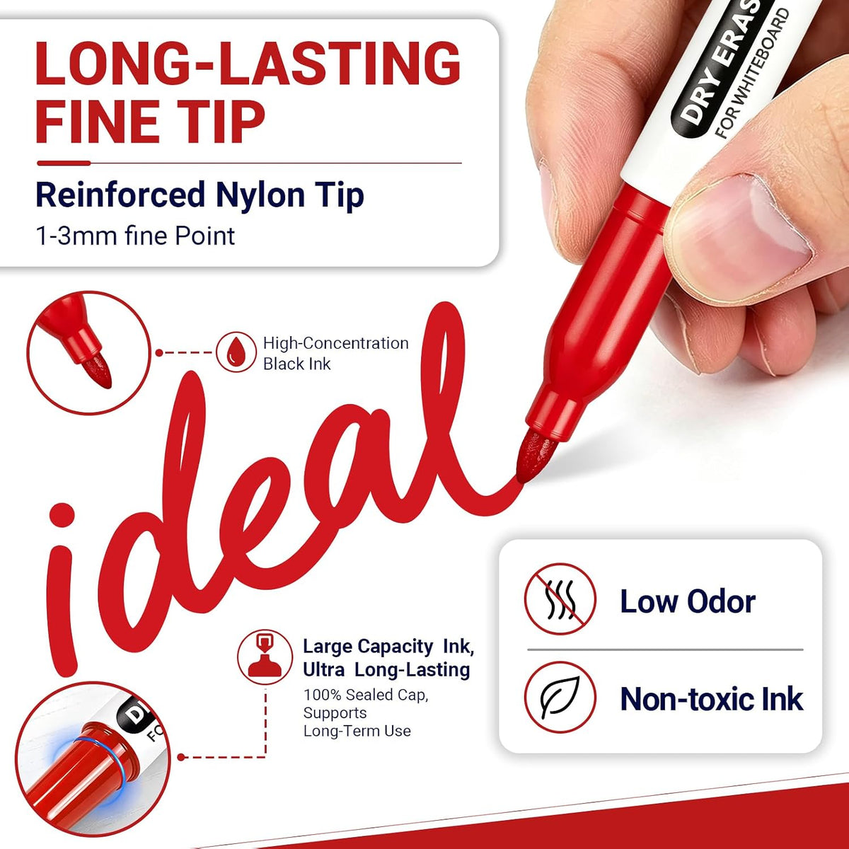SFAIH Red Dry Erase Markers Fine Tip, 48 Pack, 1-2mm Line, Low Odor