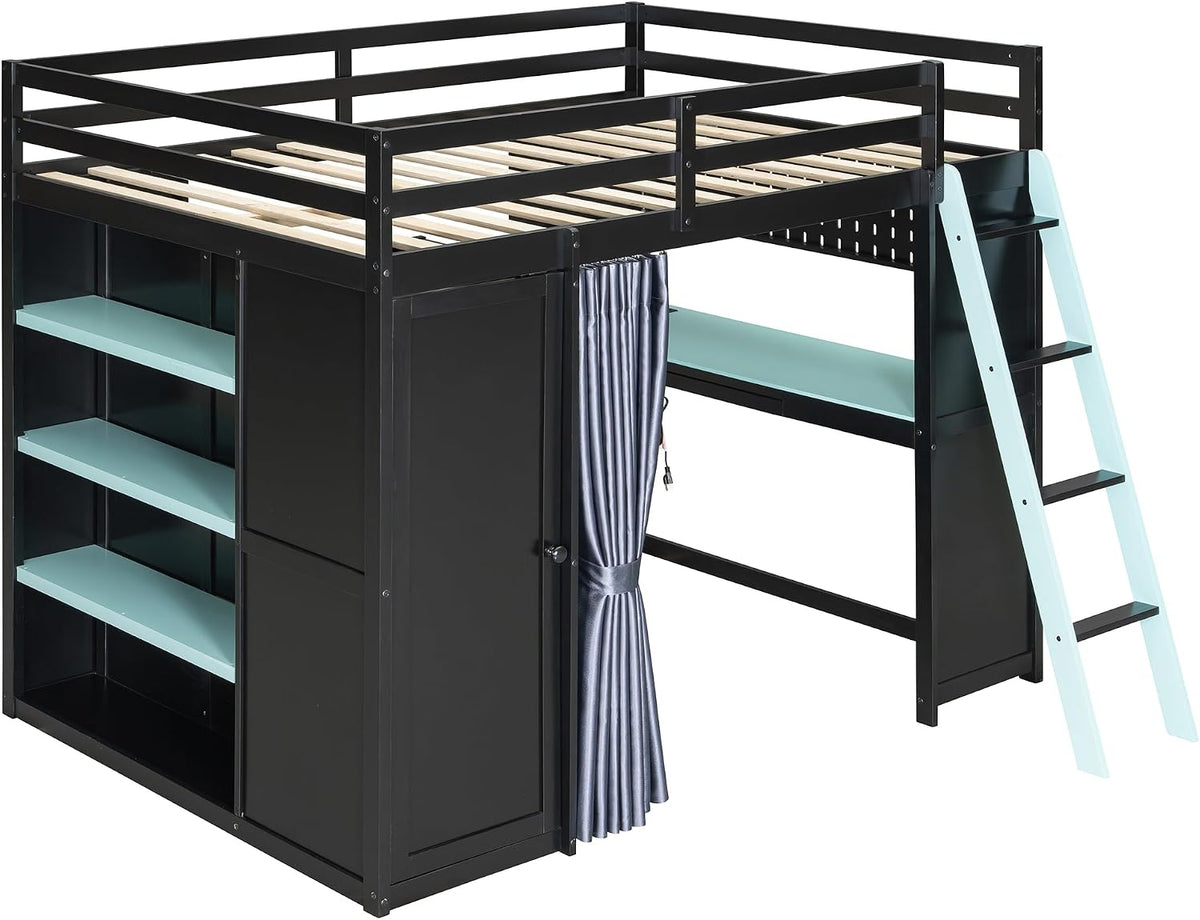 Merax Full Size Loft Bed with Desk and 6 Storage Shelves, Wardrobe, Blackout ...