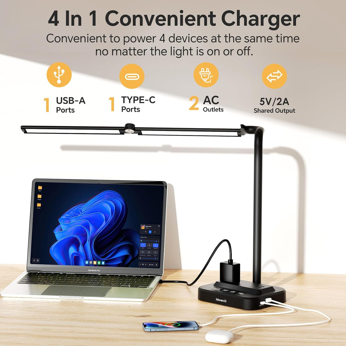 LED Desk Lamp for Home Office: Desk Light Double Head Adjustable with Power S...