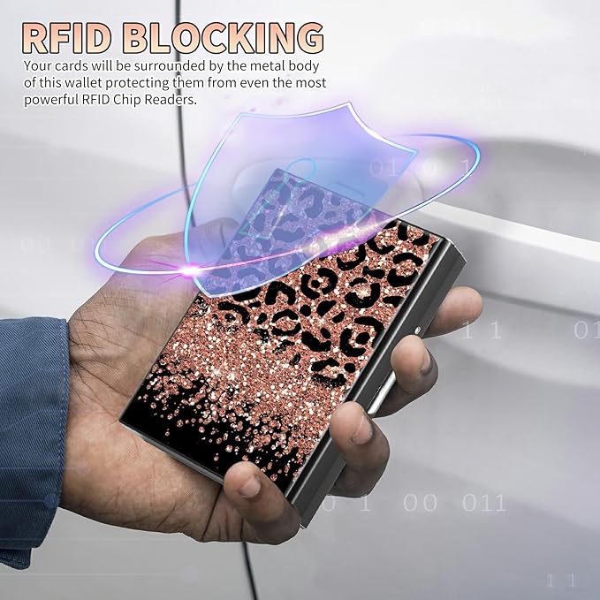 BWEGRHE Slim Credit Card Holder, Leopard Glitter RFID Blocking Metal Wallet - Image 3