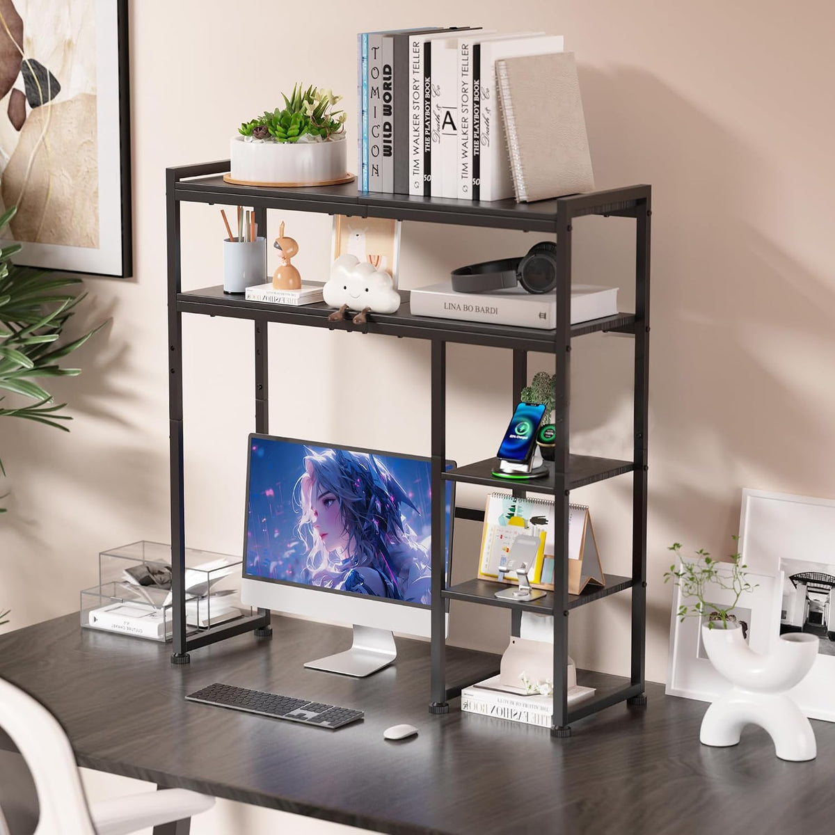 Aetheris Desktop Organizer Shelf, 30" Wooden Office Storage Rack, Displa...