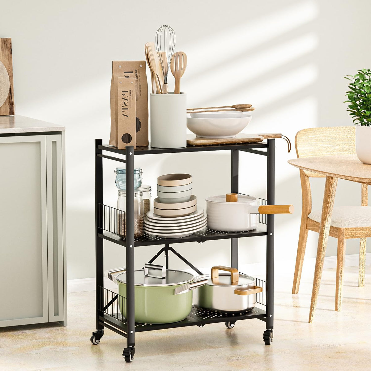 Folding Storage Shelves No Assembly, 3 Tier Metal Foldable Shelves with Wheel...