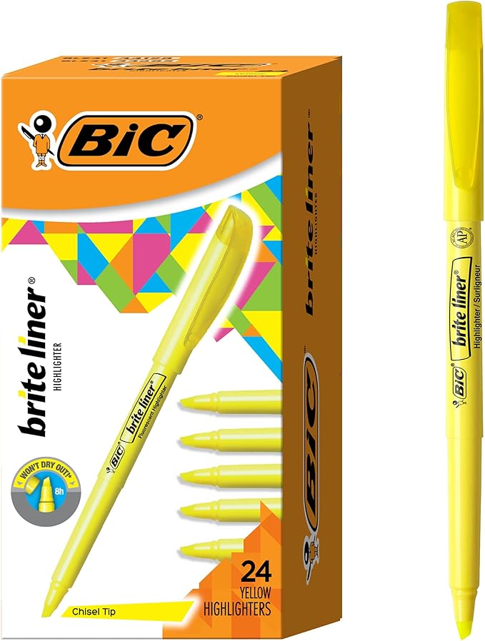 BIC Brite Liner Highlighters, Chisel Tip, 24-Count Pack of Yellow Highlighters by BIC