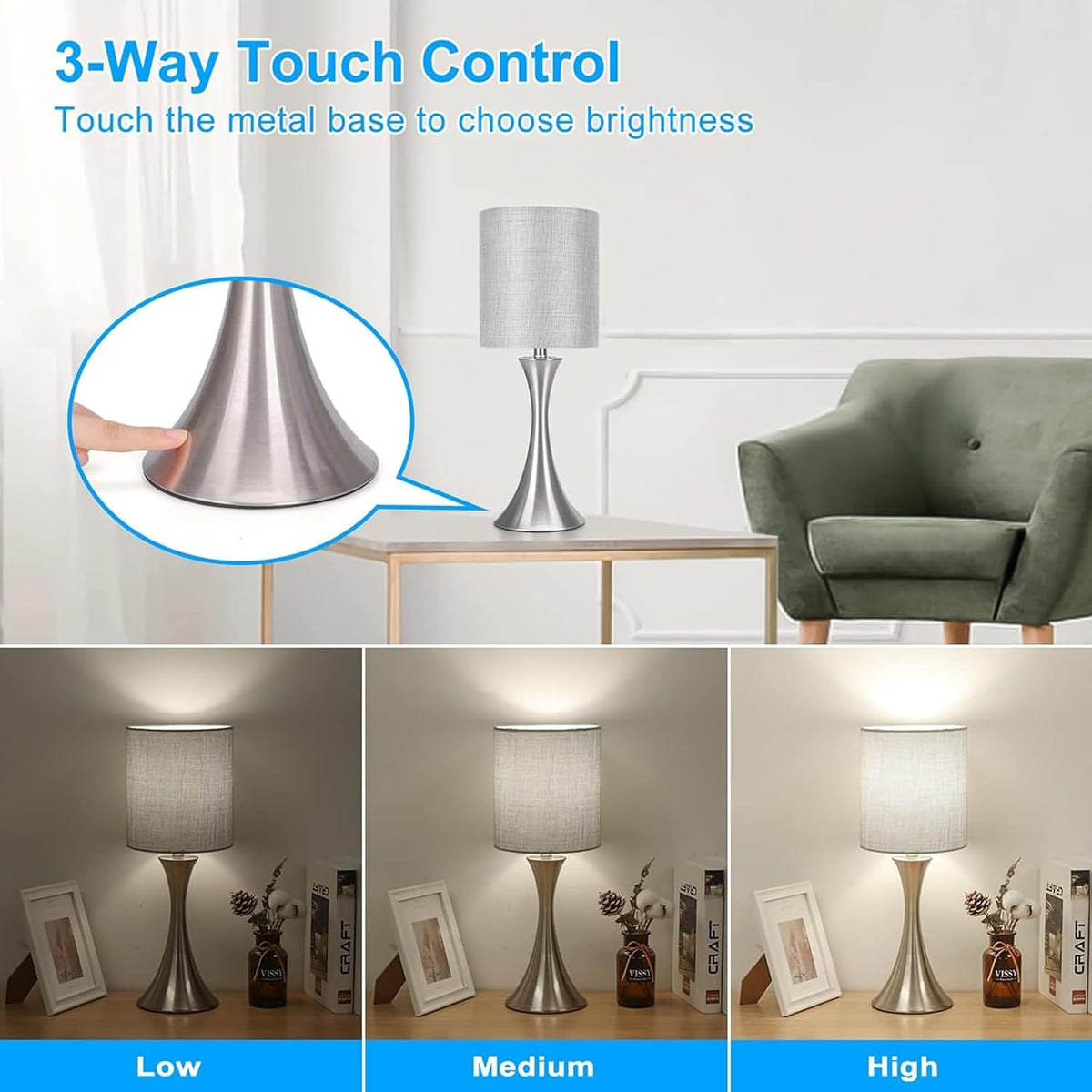 3 way touch control table lamp, dimmable bedside, close-up detail