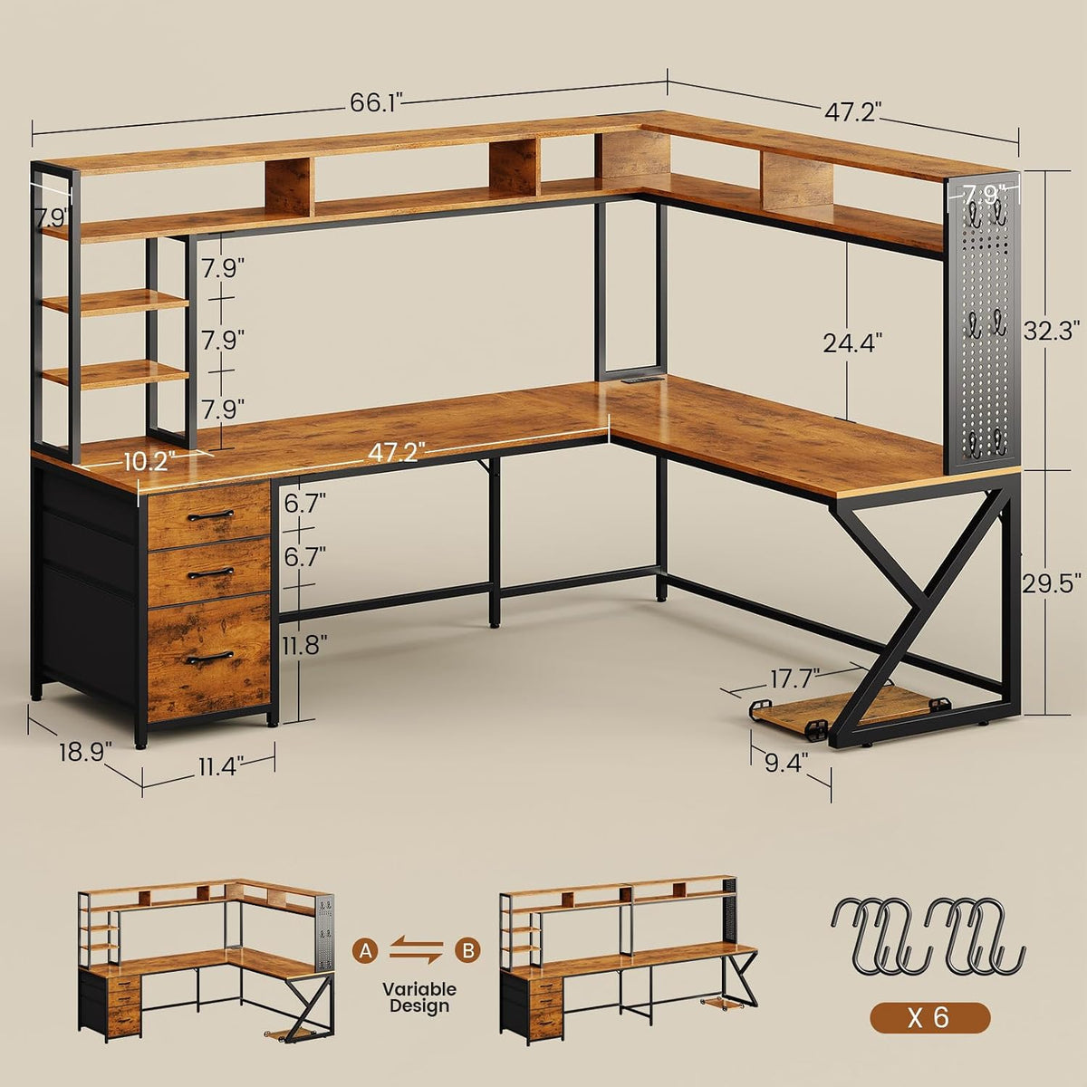 SEDETA L Shaped Computer Desk with Hutch, 3 Drawers, Shelves
