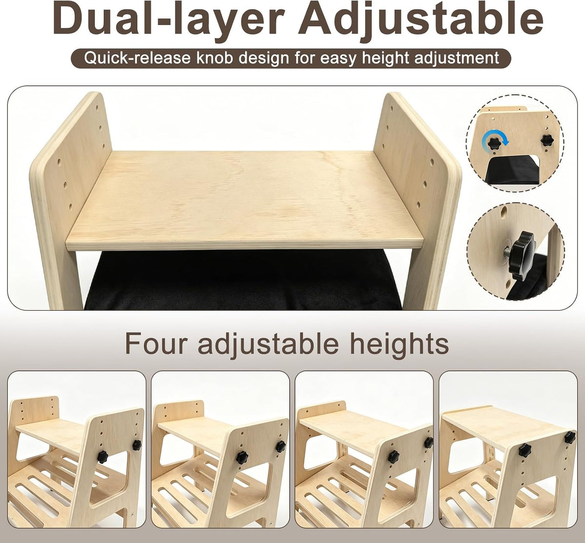 Double Step Footrest Under Desk, Adjustable Wooden Foot Stool with Cushions