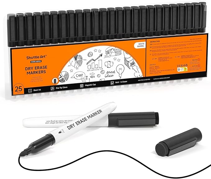 Shuttle Art Dry Erase Markers, 25 Pack Black Magnetic Whiteboard Markers by ShuttleArt