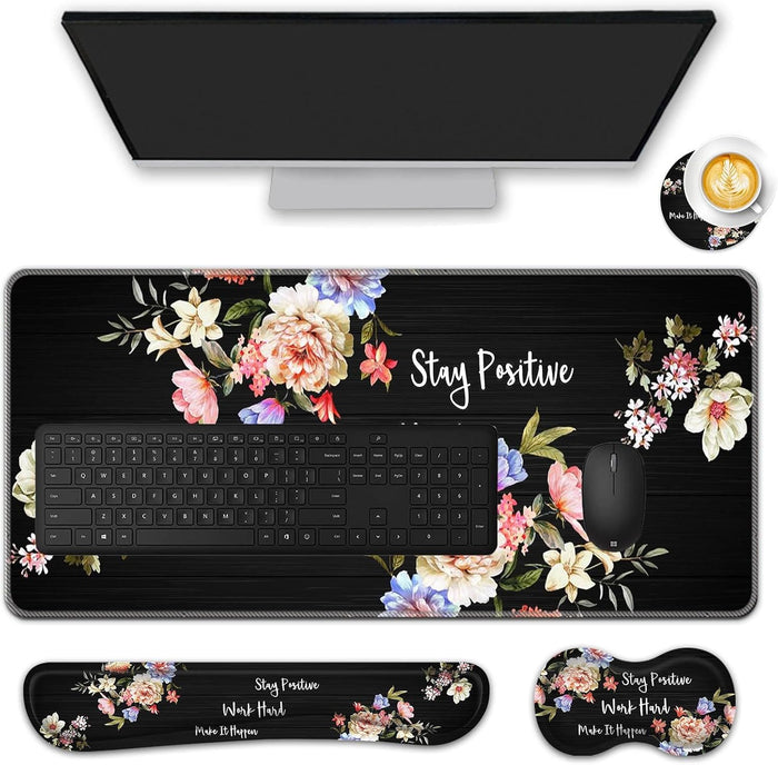 Mouse Pad Set,(31.5×11.8 in)Desk Pad + Keyboard Wrist Rest Support + Mouse Wrist Rest + Coaster for office,home,computer,laptop,Stay Positive Work Hard and Make It Happen Inspirational Quotes