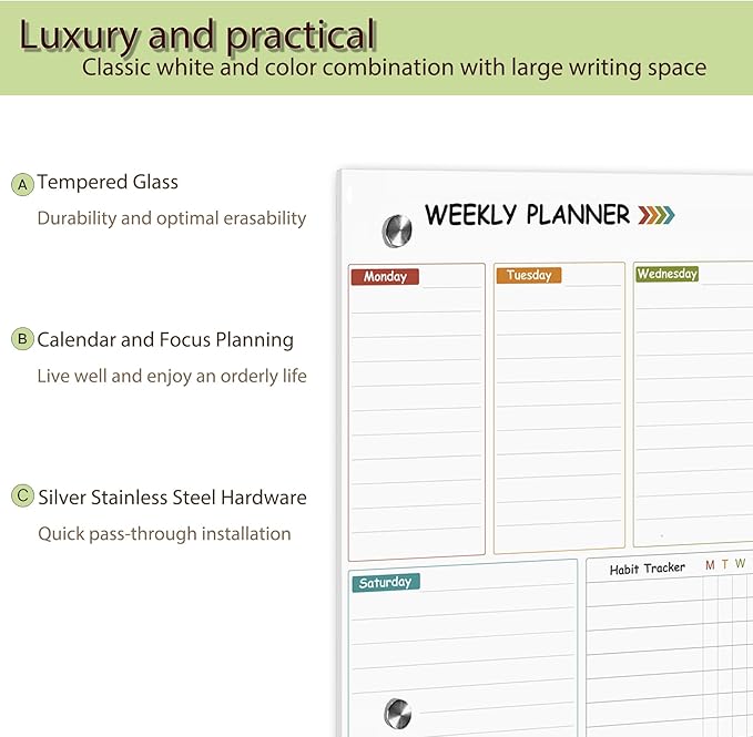 Glass Weekly Dry Erase Board for Wall 16"X 12", Colorful Weekly Calendar - Image 3