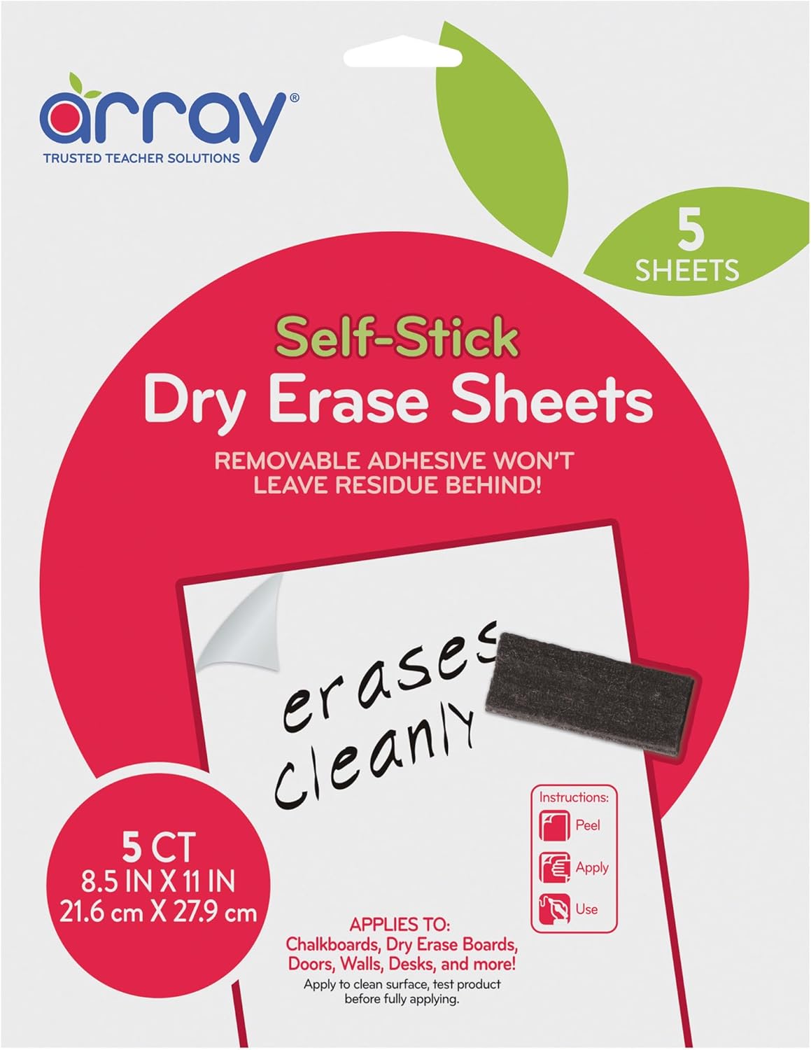 Pacon Array GoWrite! Self-Adhesive Dry Erase Sheets, 8.5" x 11", White, 5/Pack, 1 Pack