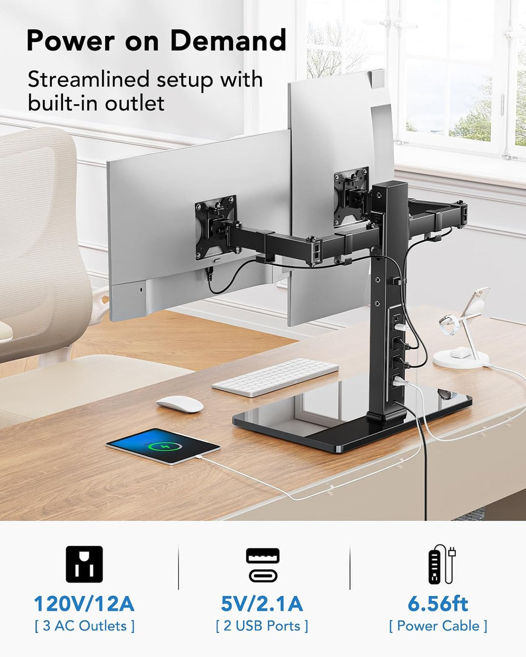 huanuo dual monitor mount with power outlet, computer, close-up detail